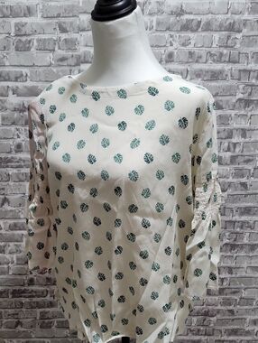 LOFT Boho Ivory and Green Palm Leaf Pattern Blouse, Womens Sz S,  Summer